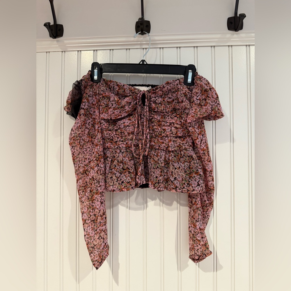 Astr Red and Cream Cropped Ruffled Blouse
